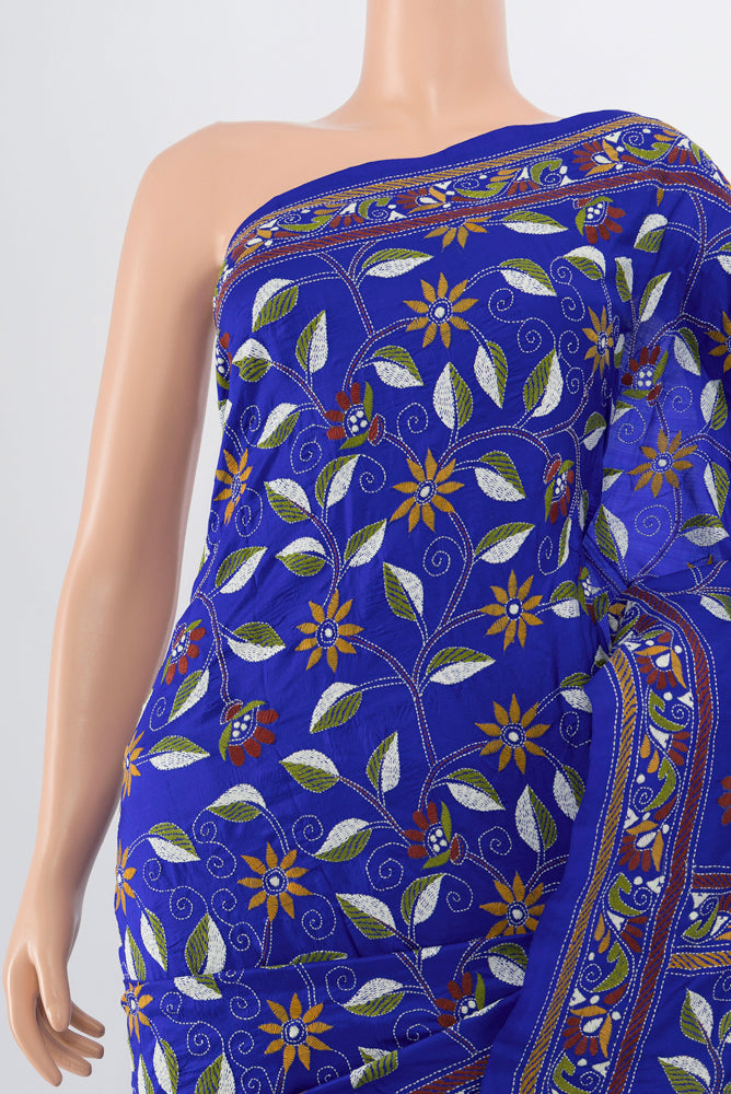 Border image of Dark Blue Kantha Silk Saree with Jacquard With Thread Butta on the body and Silk Border. 
