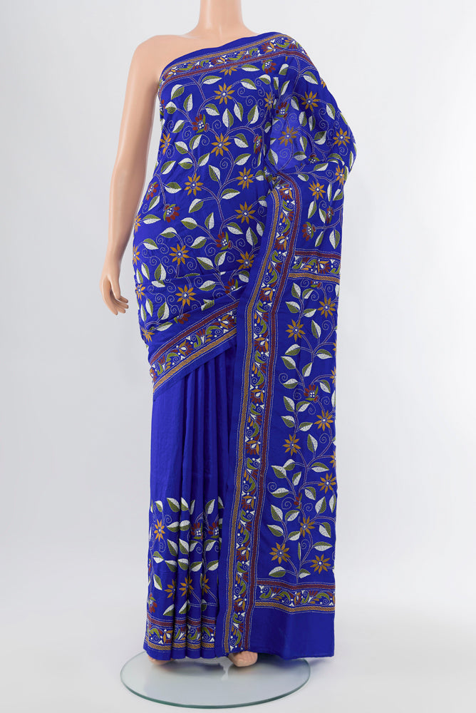 Dark Blue Kantha Silk Saree with Jacquard With Thread Butta on the body and Silk Border.  displayed on a mannequin