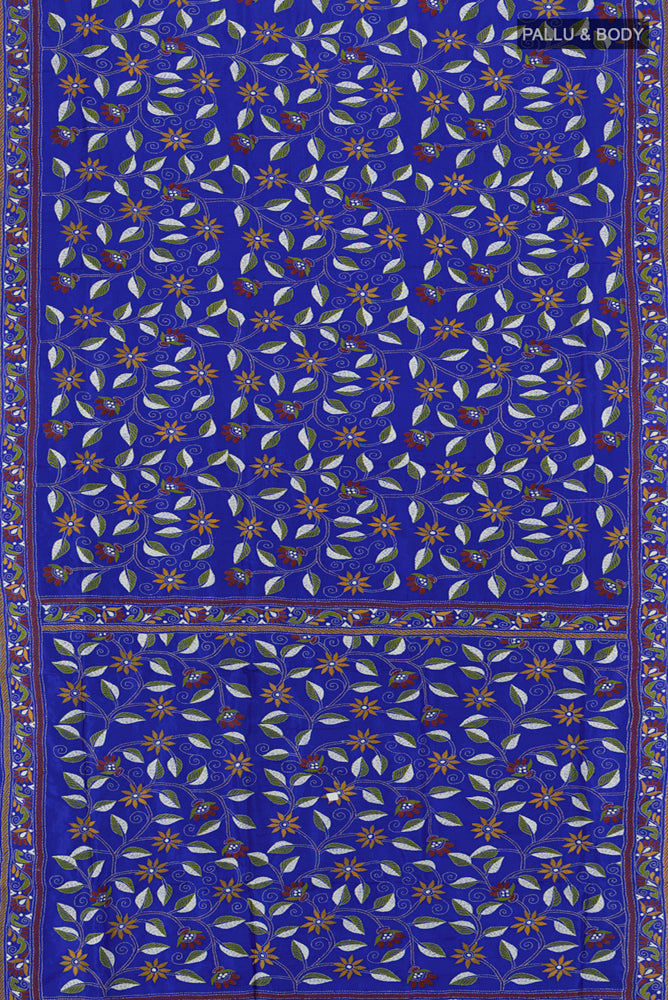 Flat view of Dark Blue Kantha Silk Saree with Jacquard With Thread Butta on the body and Silk Border. 