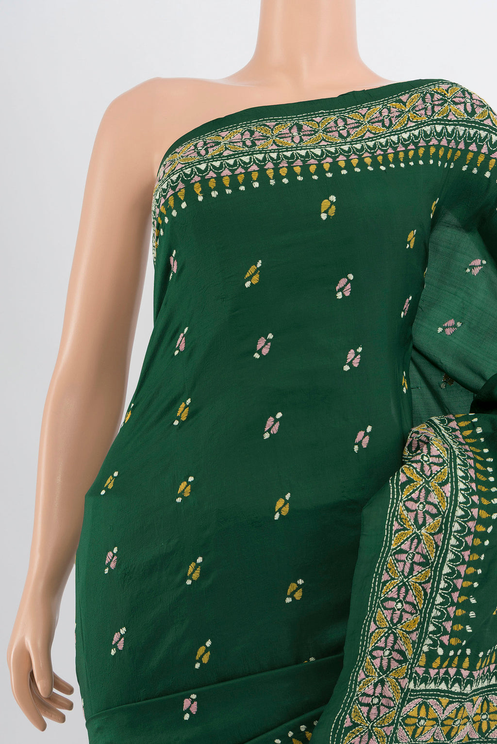 Border image of Bottle Green Kantha Silk Saree with Jacquard With Thread Butta on the body and Silk Border. 