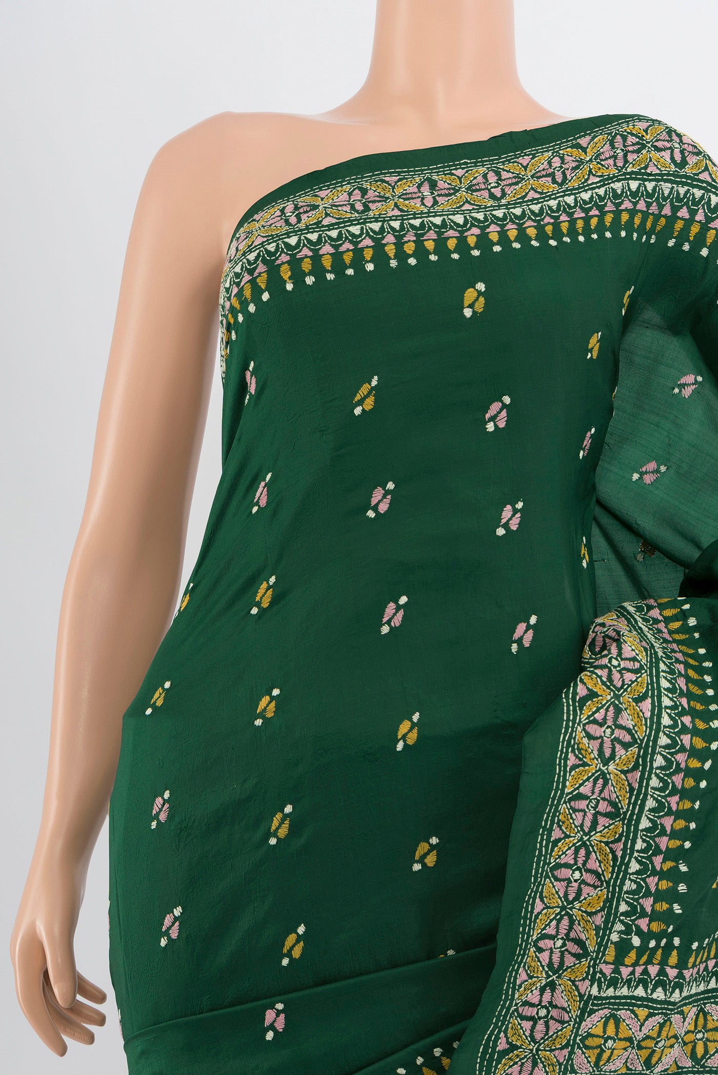 Border image of Bottle Green Kantha Silk Saree with Jacquard With Thread Butta on the body and Silk Border. 