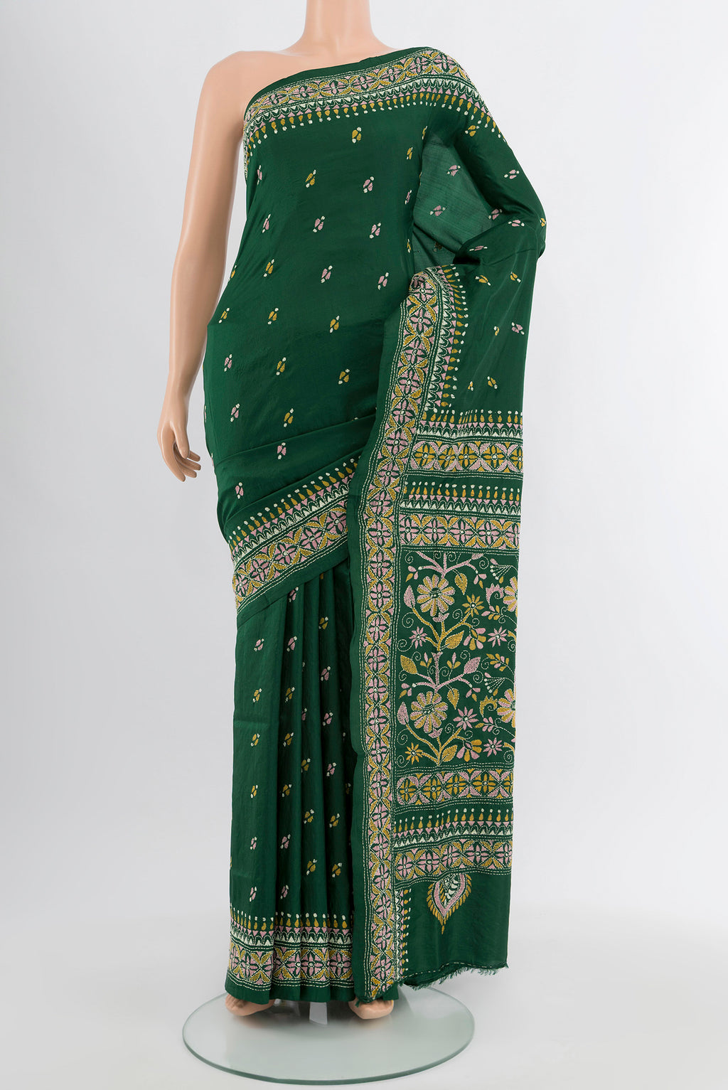 Bottle Green Kantha Silk Saree with Jacquard With Thread Butta on the body and Silk Border.  displayed on a mannequin