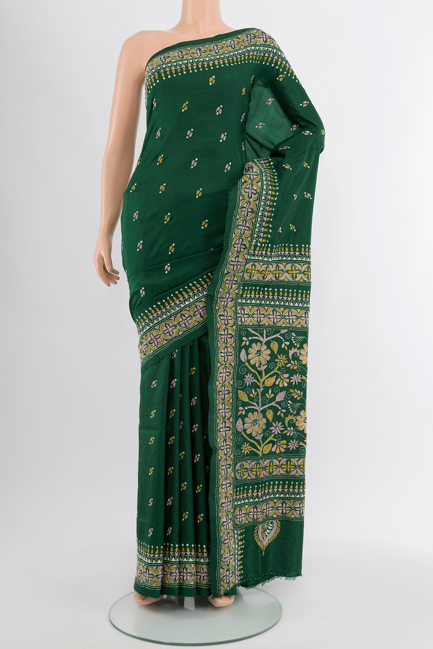 Bottle Green Kantha Silk Saree with Jacquard With Thread Butta on the body and Silk Border.  displayed on a mannequin