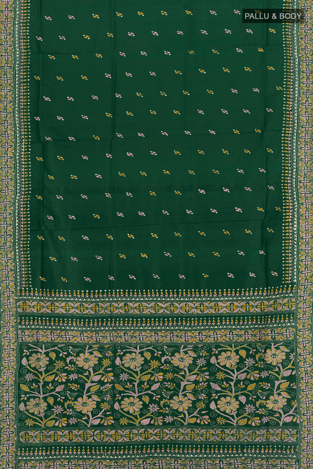 Flat view of Bottle Green Kantha Silk Saree with Jacquard With Thread Butta on the body and Silk Border. 