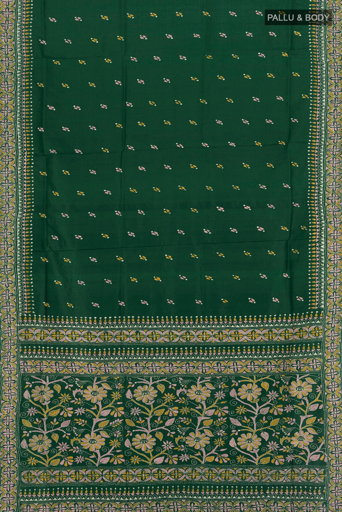 Flat view of Bottle Green Kantha Silk Saree with Jacquard With Thread Butta on the body and Silk Border. 