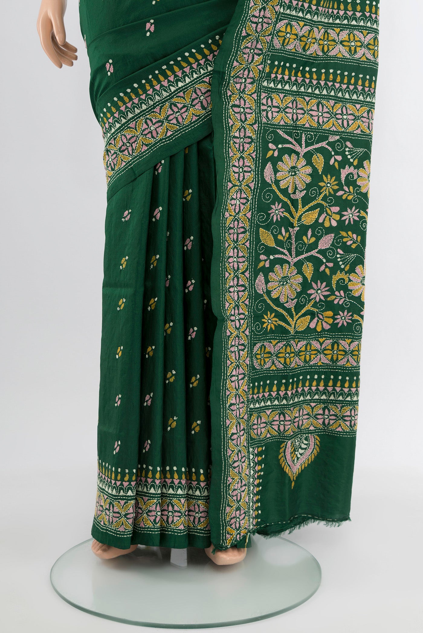Pleats and pallu of Bottle Green Kantha Silk Saree with Jacquard With Thread Butta on the body and Silk Border. 