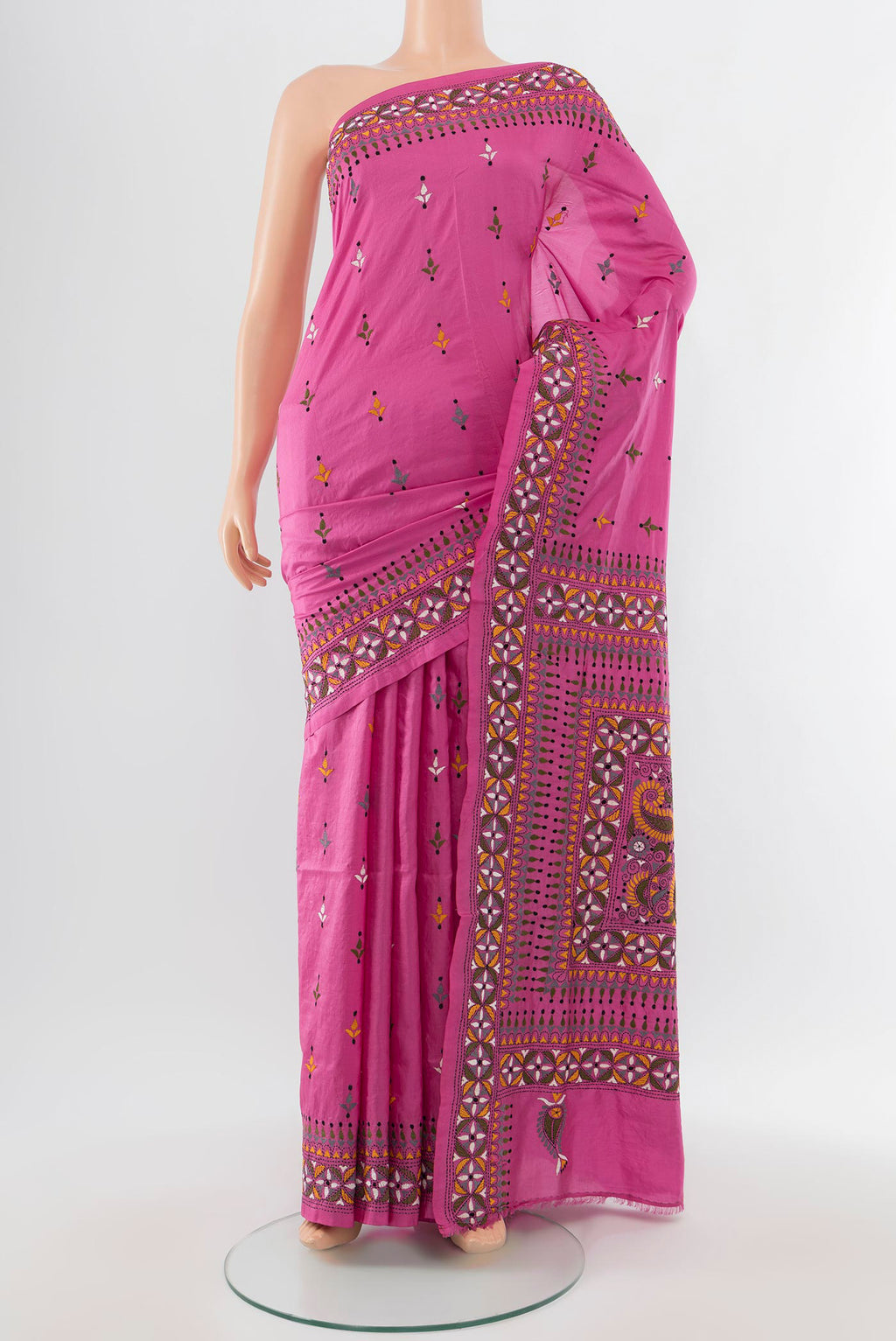 Bronze Kantha Silk Saree with Jacquard With Thread Butta on the body and Embroidery Border.  displayed on a mannequin
