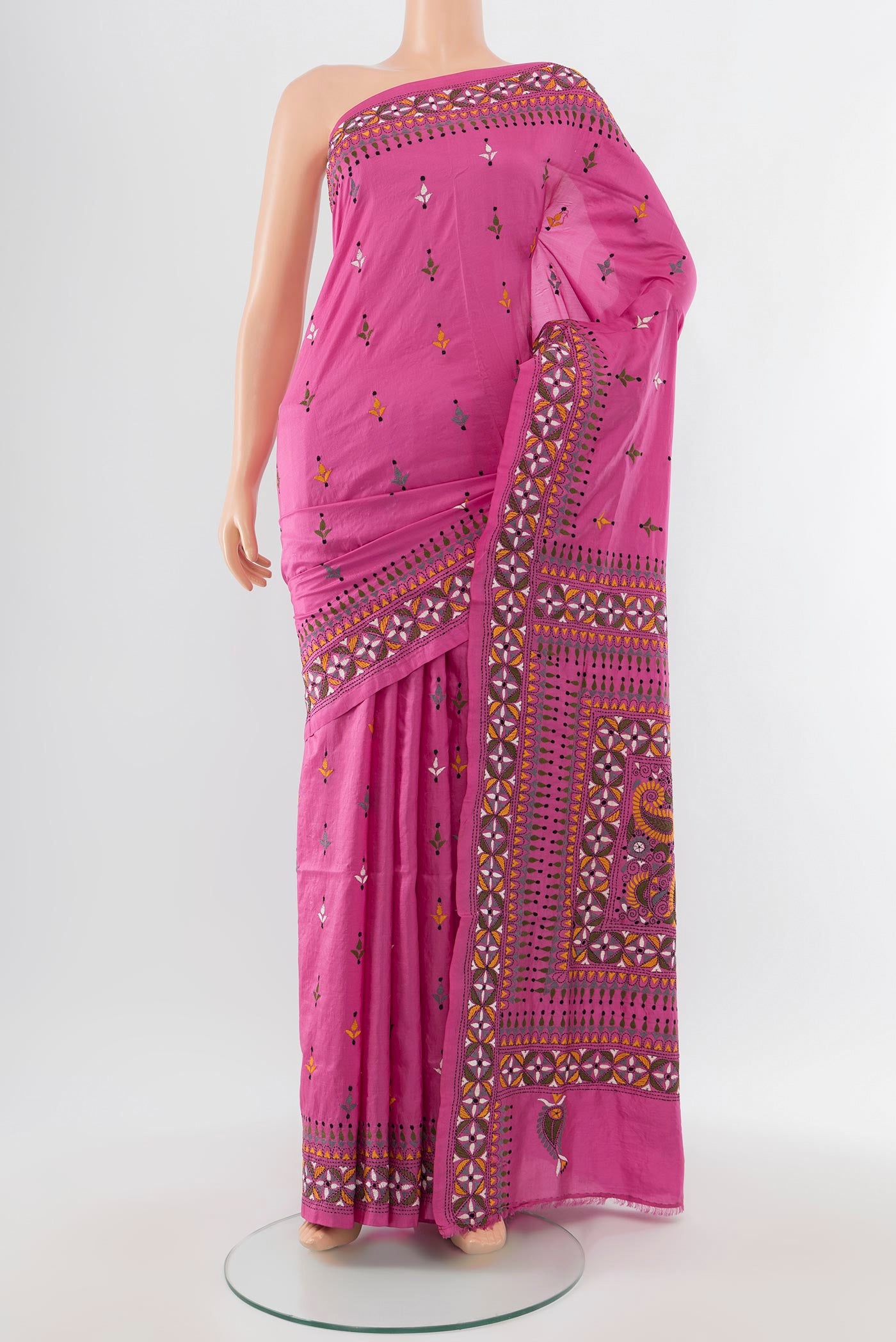 Bronze Kantha Silk Saree with Jacquard With Thread Butta on the body and Embroidery Border.  displayed on a mannequin