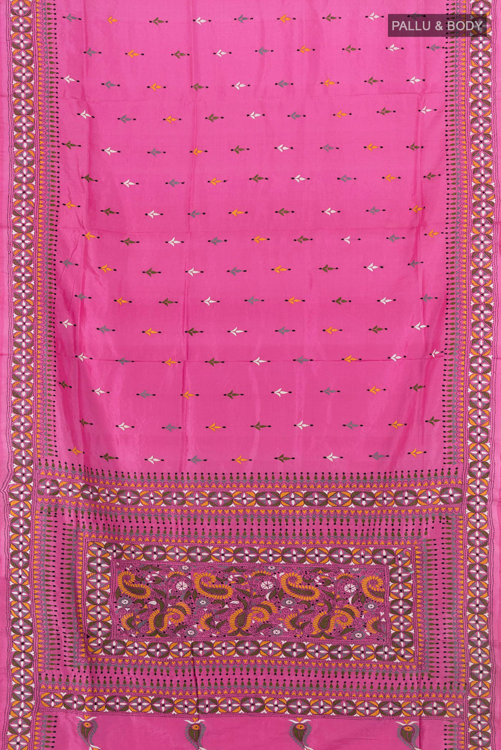 Flat view of Bronze Kantha Silk Saree with Jacquard With Thread Butta on the body and Embroidery Border. 