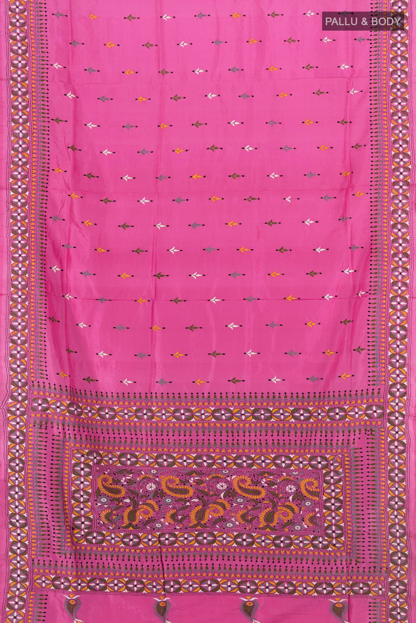 Flat view of Bronze Kantha Silk Saree with Jacquard With Thread Butta on the body and Embroidery Border. 
