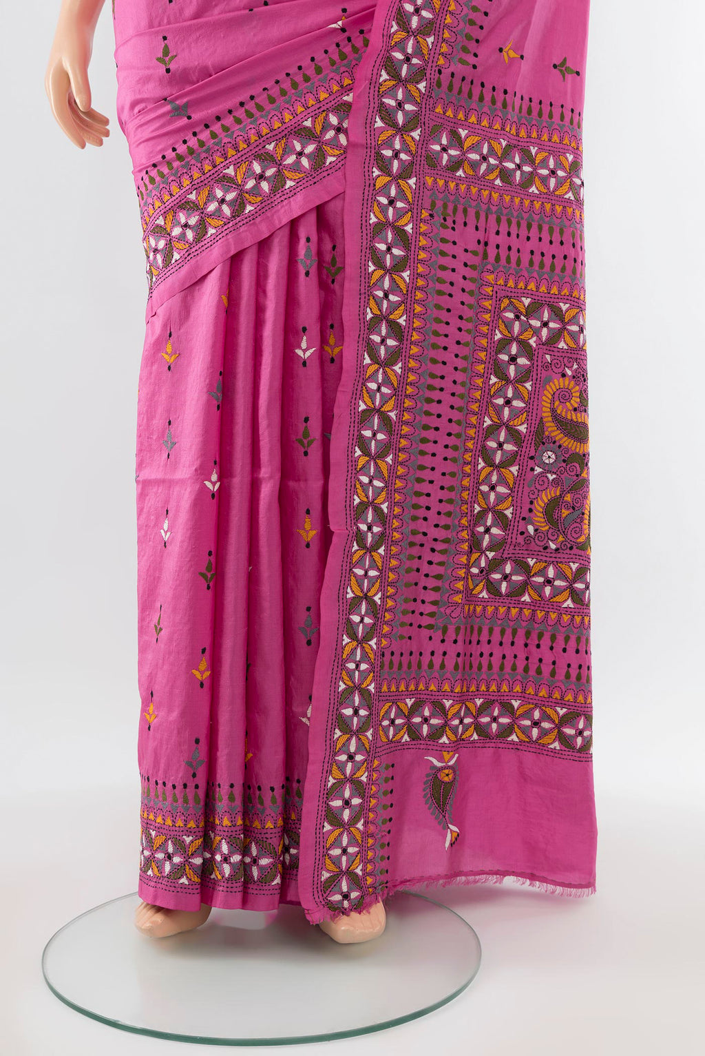 Pleats and pallu of Bronze Kantha Silk Saree with Jacquard With Thread Butta on the body and Embroidery Border. 