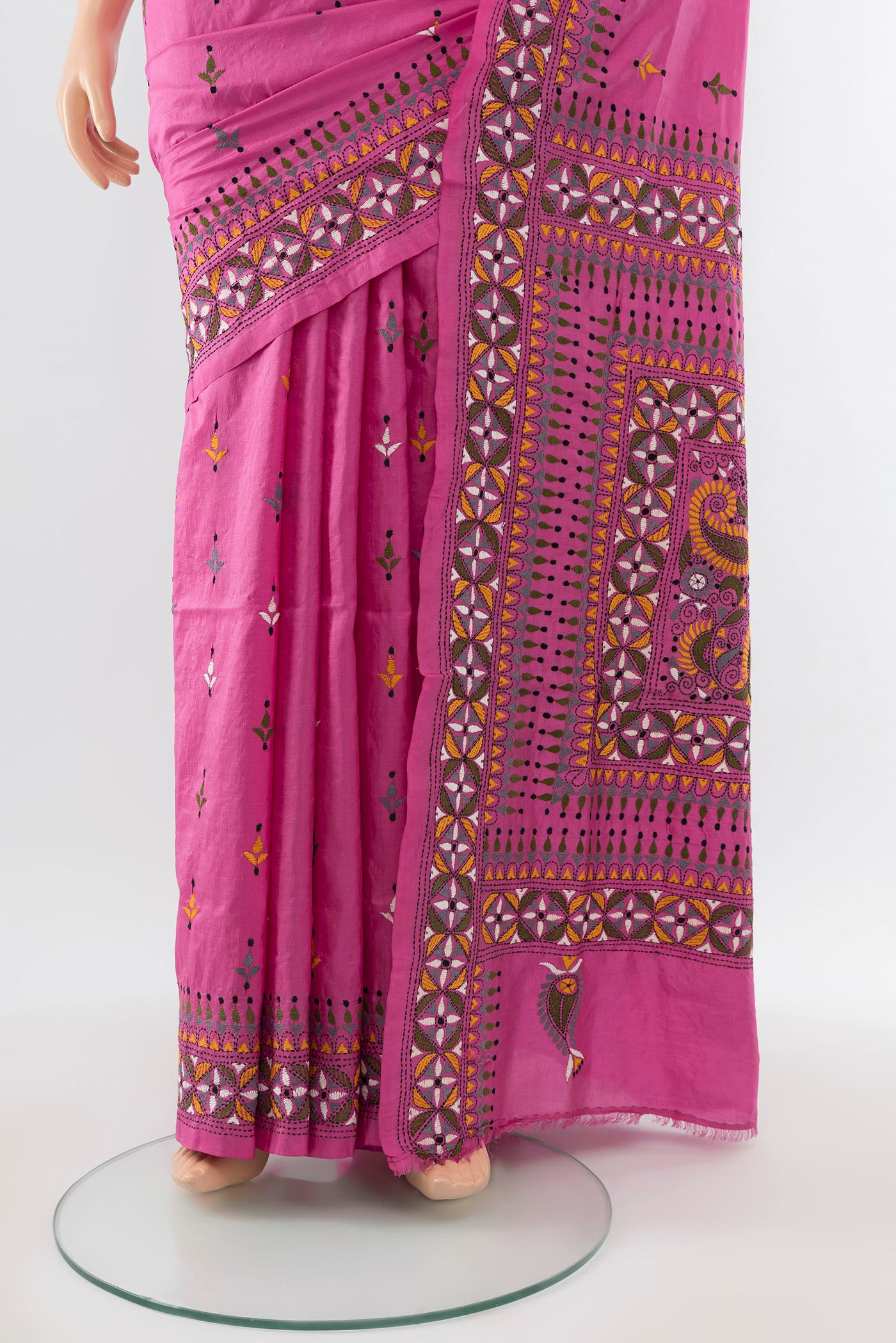 Pleats and pallu of Bronze Kantha Silk Saree with Jacquard With Thread Butta on the body and Embroidery Border. 
