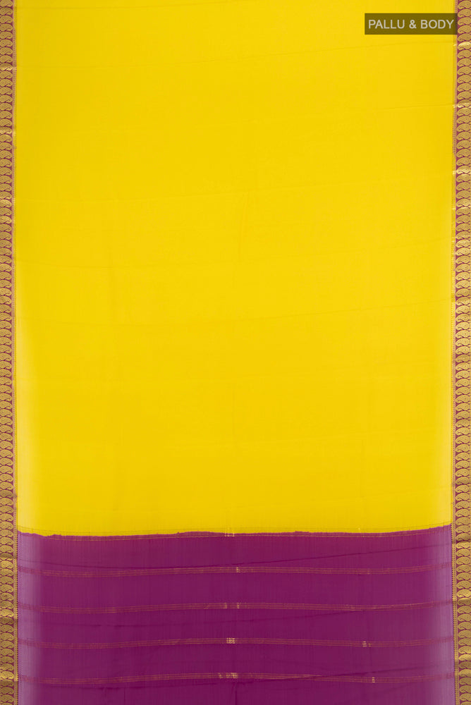Flat view of Lemon Yellow Mysore Crepe Saree with Plain Body and Silk Border. 