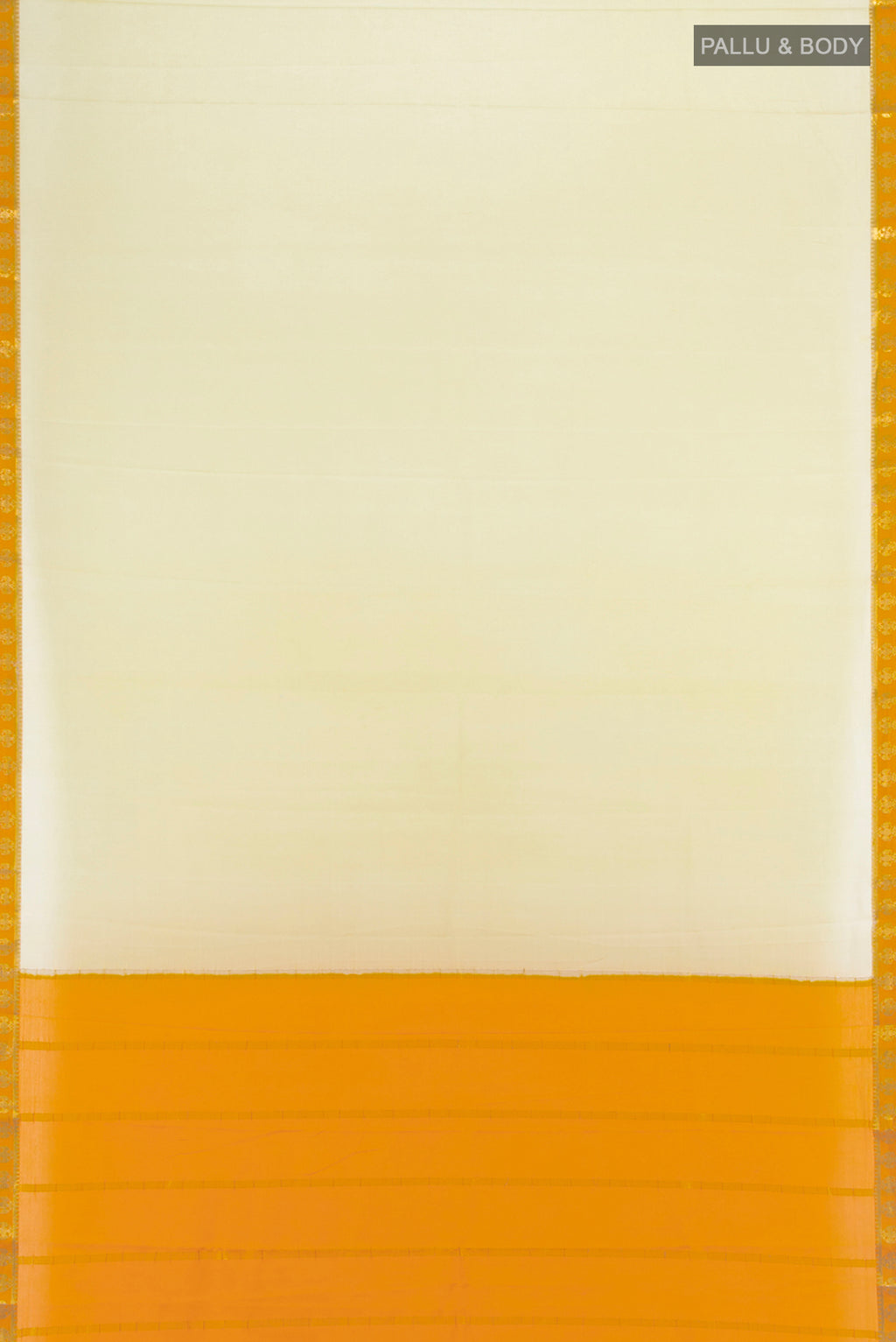 Flat view of Lemon Yellow Mysore Crepe Saree with Plain Body and Silk Border. 
