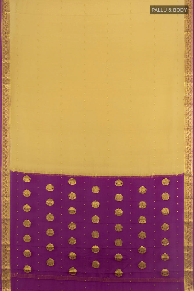 Flat view of Dark Beige Mysore Crepe Saree with Plain Body and Silk Border. 