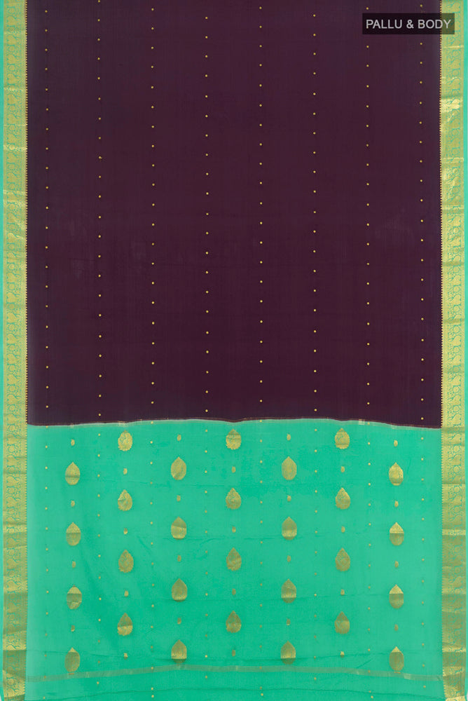 Flat view of Violet Mysore Crepe Saree with Plain Body and Silk Border. 
