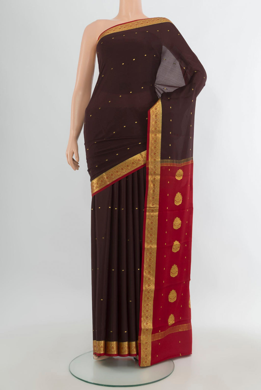 Coffee Brown Mysore Crepe Saree with Zari Butta on the body and Zari Border.  displayed on a mannequin