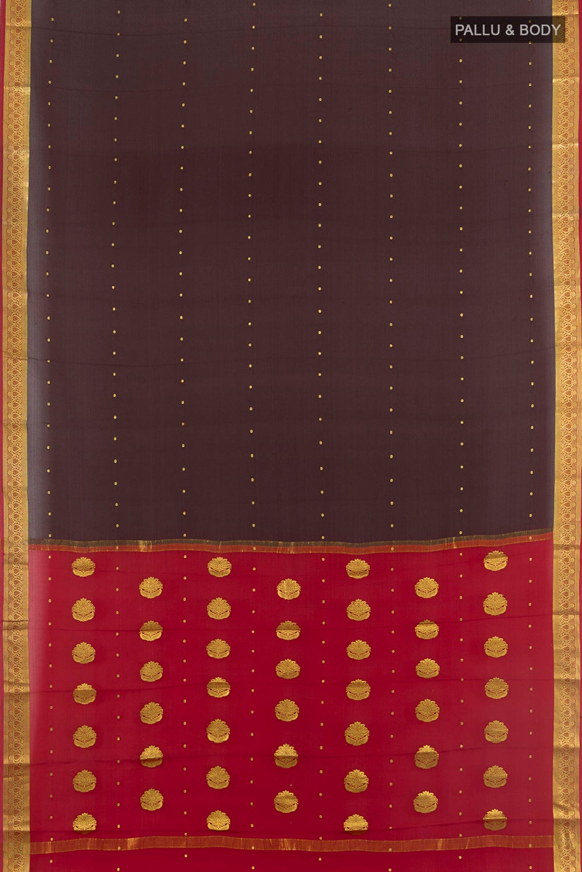 Flat view of Coffee Brown Mysore Crepe Saree with Zari Butta on the body and Zari Border. 