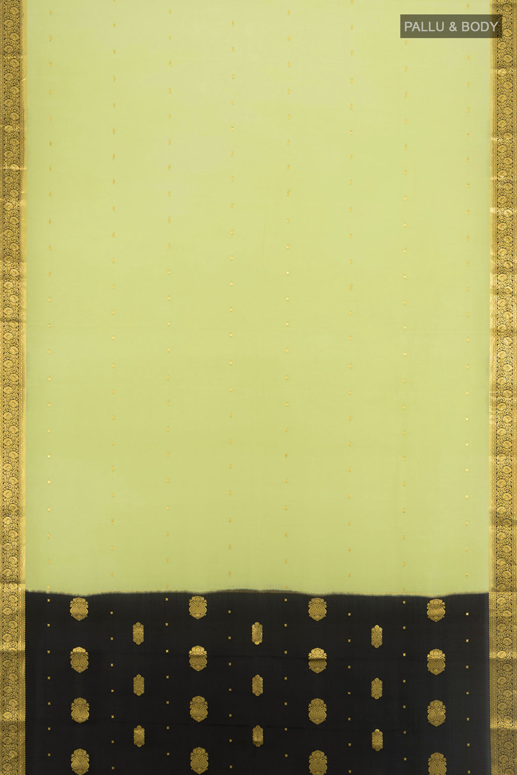 Flat view of Pista Green Mysore Crepe Saree with Plain Body and Silk Border. 