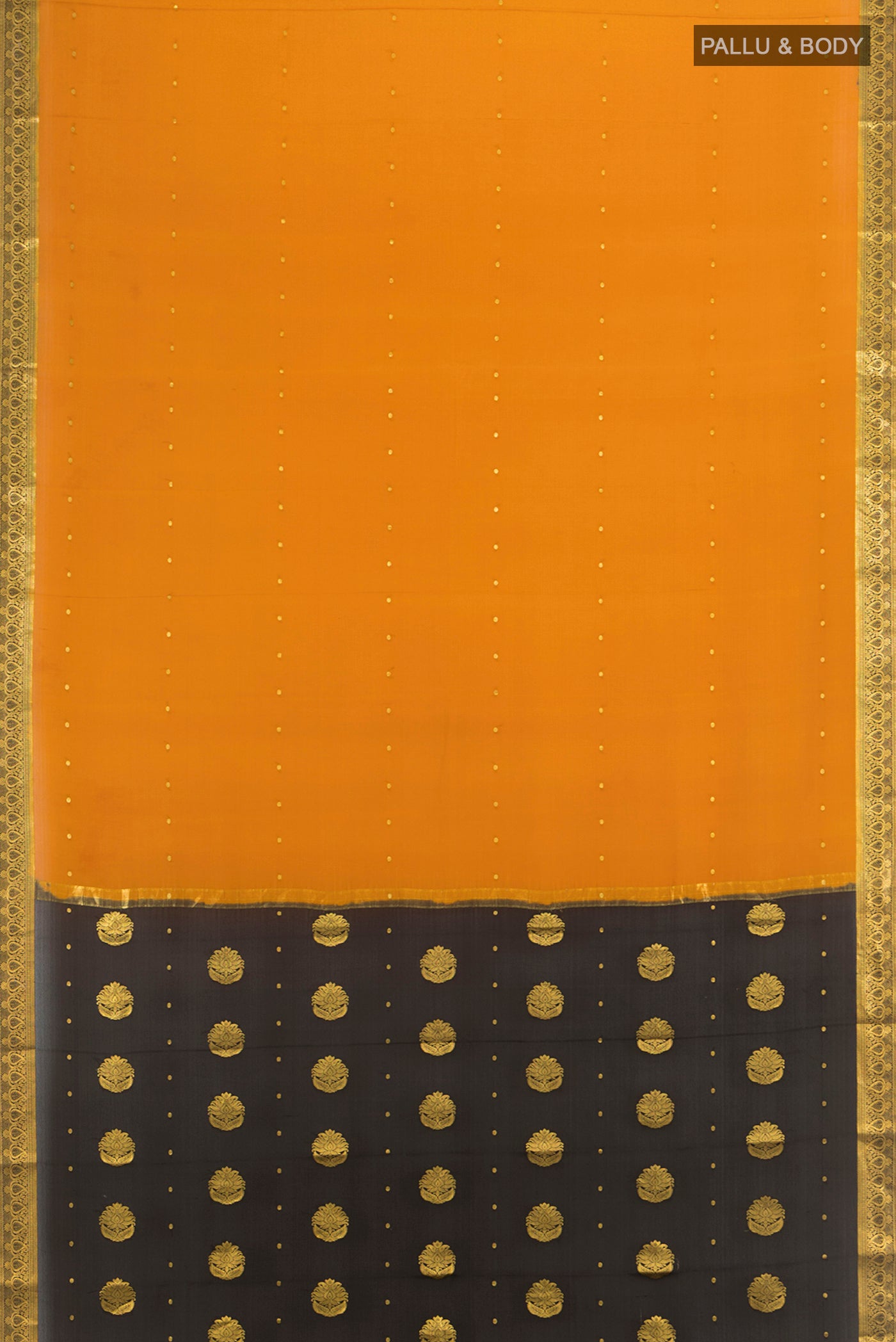 Flat view of Mustard Mysore Crepe Saree with Zari Butta on the body and Silk Border. 