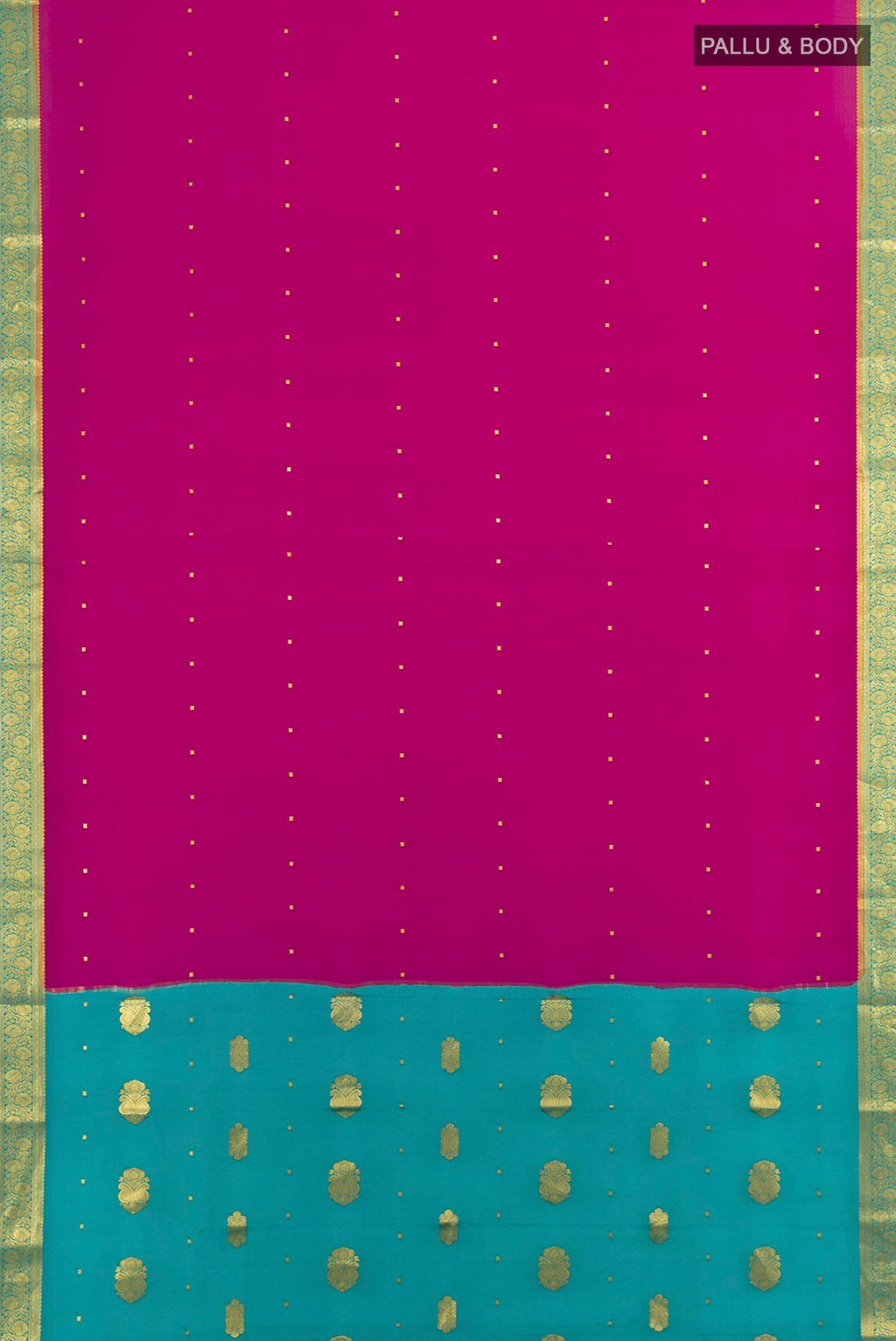 Flat view of Purple Mysore Crepe Saree with Zari Butta on the body and Silk Border. 