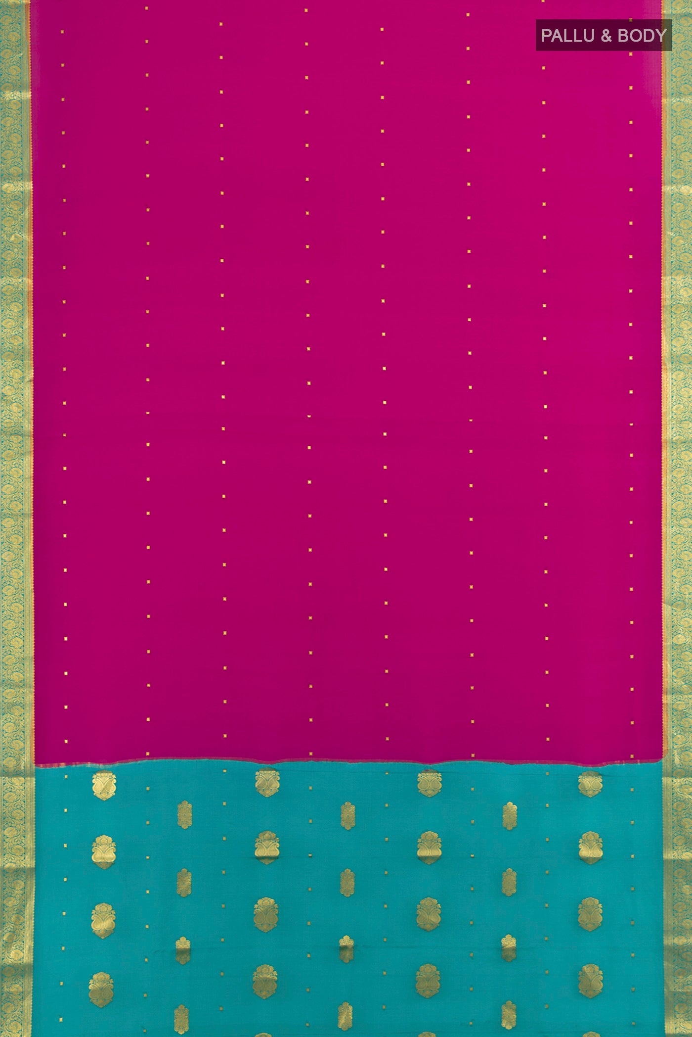 Flat view of Purple Mysore Crepe Saree with Zari Butta on the body and Silk Border. 
