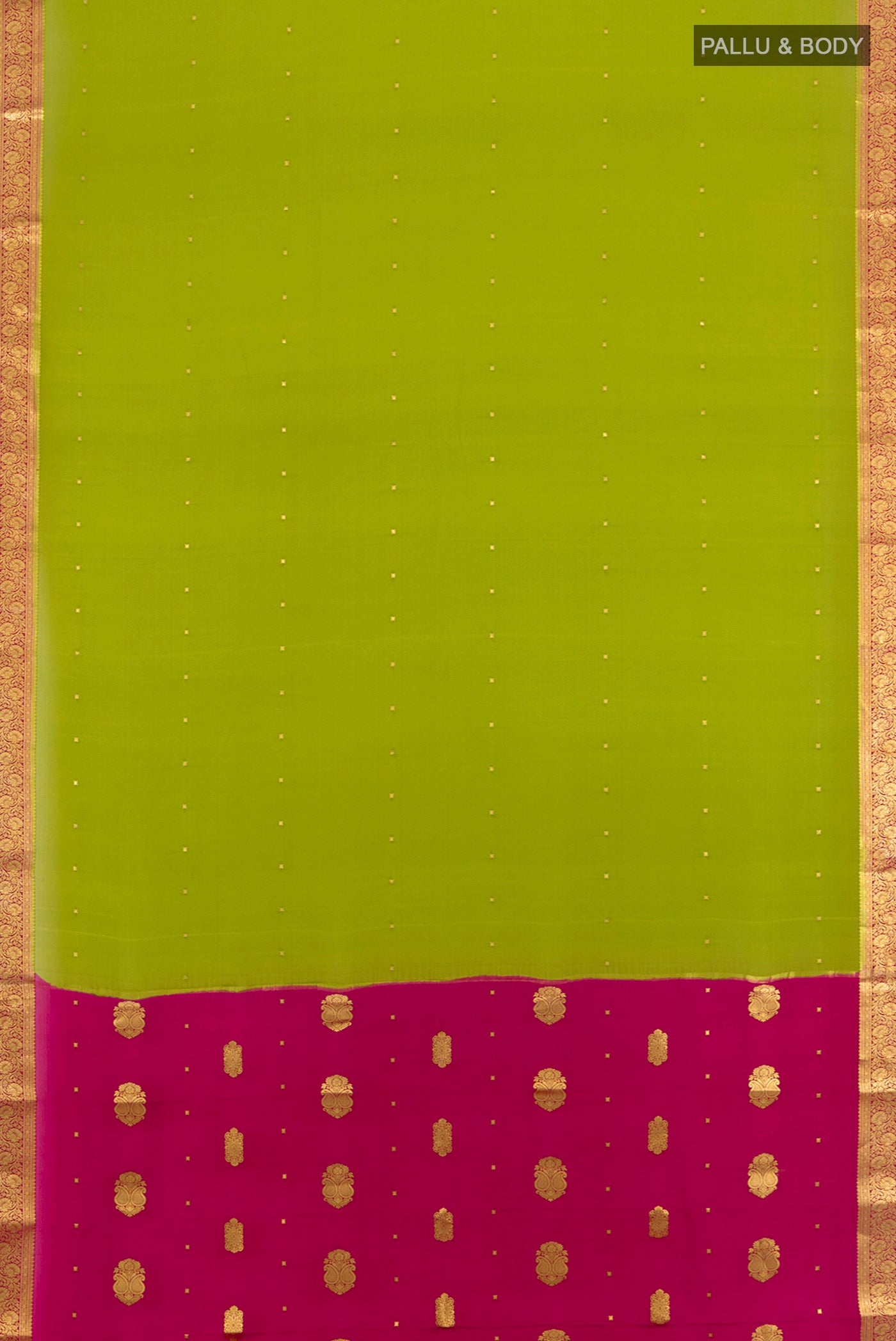 Flat view of Light Green Mysore Crepe Saree with Plain Body and Silk Border. 