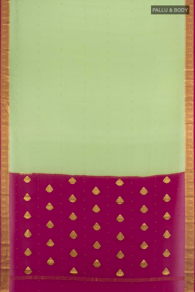 Flat view of Pista Green Mysore Crepe Saree with Plain Body and Silk Border. 