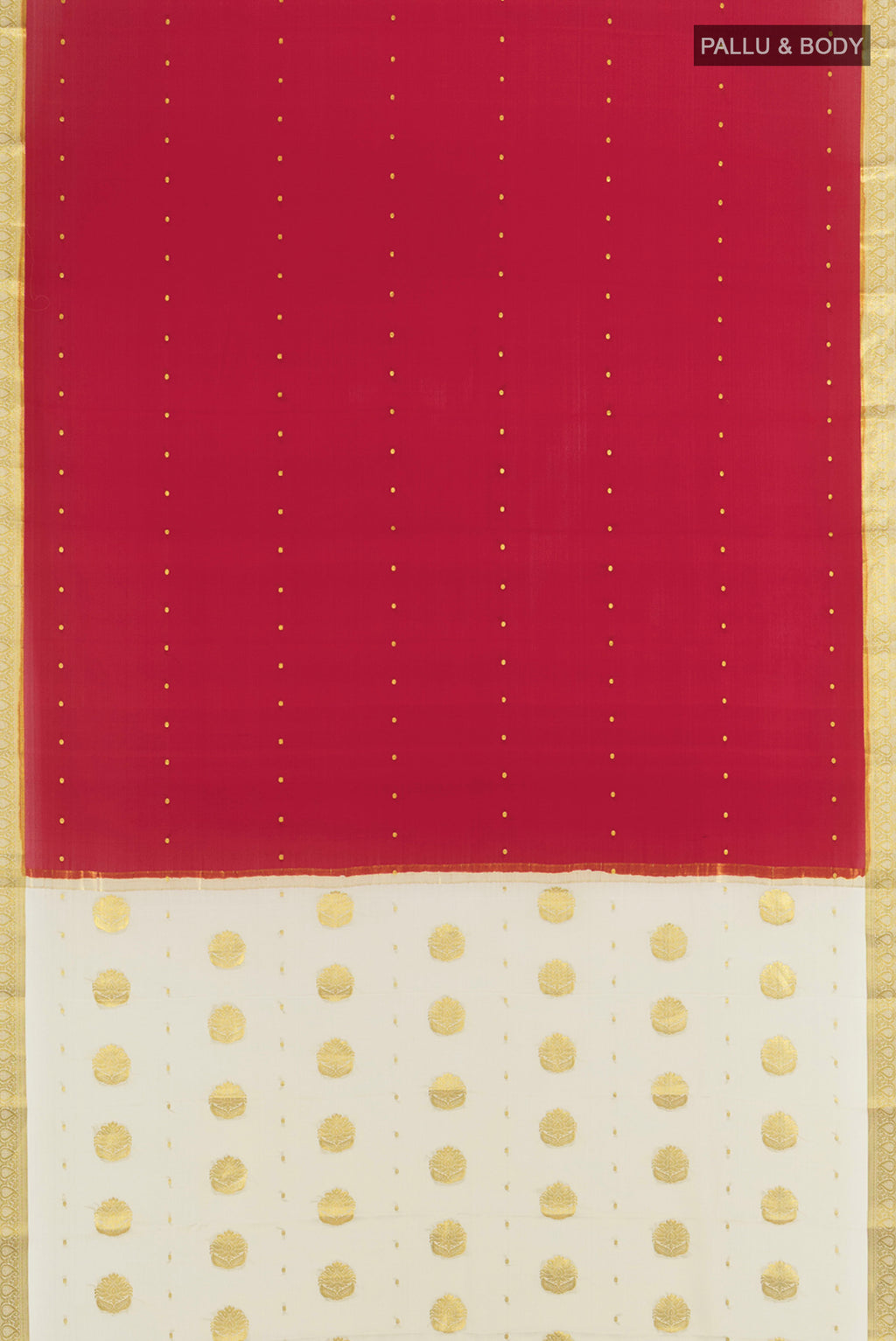 Flat view of Red Mysore Crepe Saree with Zari Butta on the body and Zari Border. 