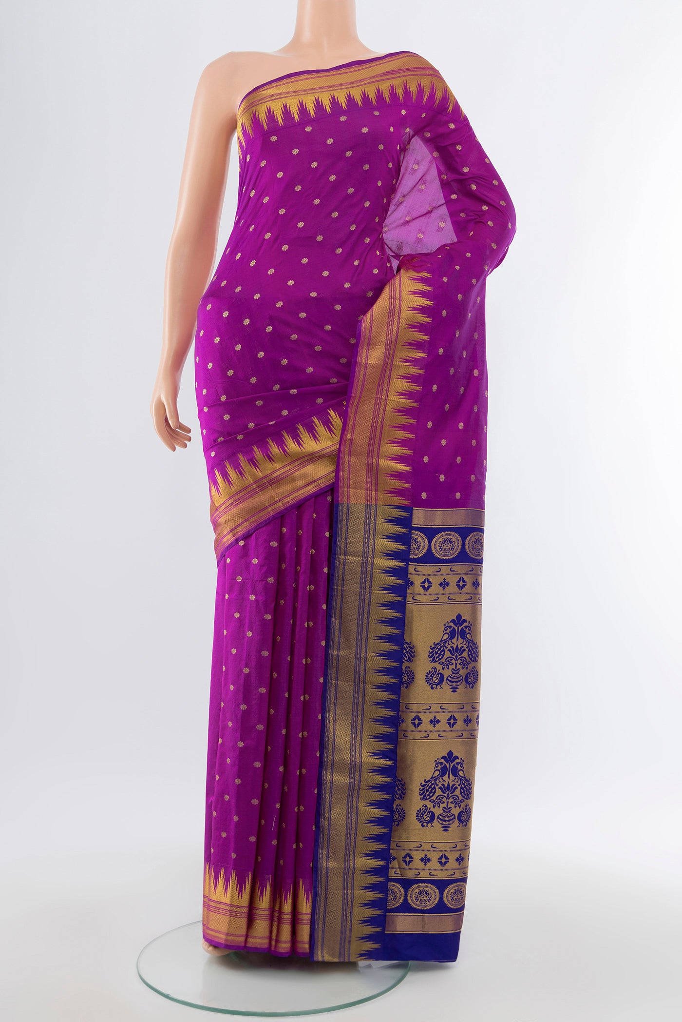Purple Bangalore Silk Saree with Zari Butta on the body and Silk Border.  displayed on a mannequin