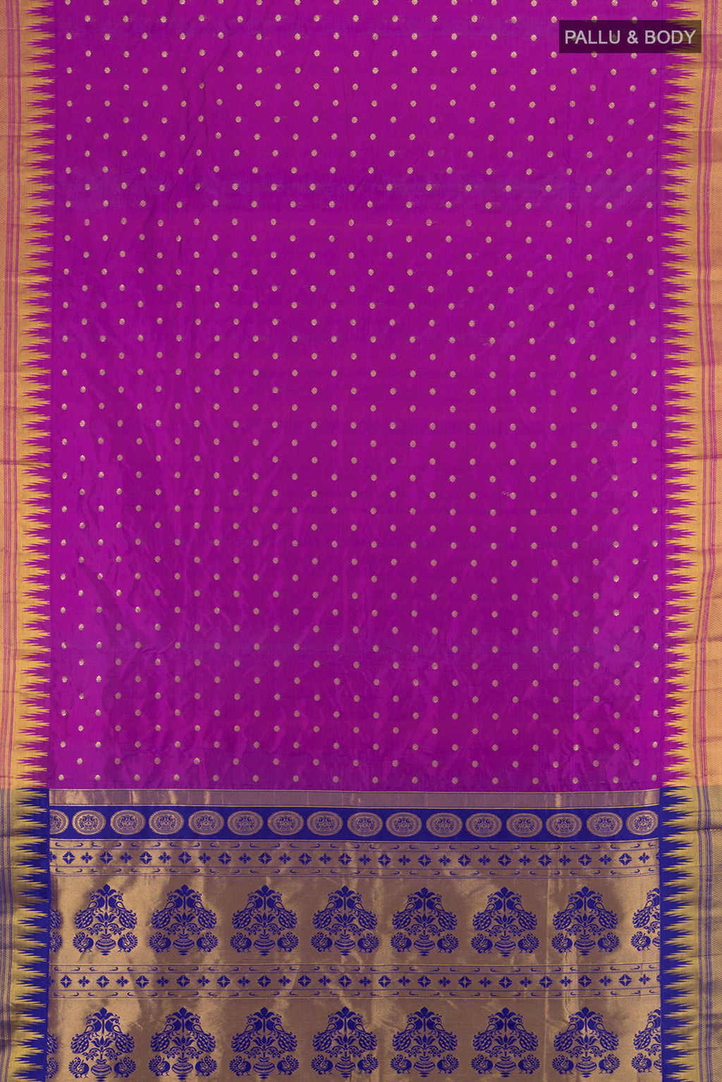 Flat view of Purple Bangalore Silk Saree with Zari Butta on the body and Silk Border. 