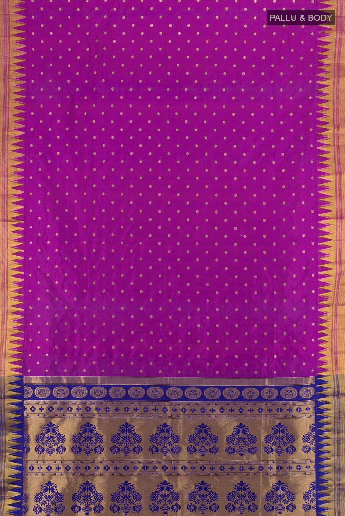 Flat view of Purple Bangalore Silk Saree with Zari Butta on the body and Silk Border. 