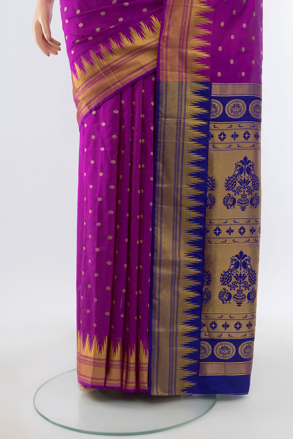 Pleats and pallu of Purple Bangalore Silk Saree with Zari Butta on the body and Silk Border. 