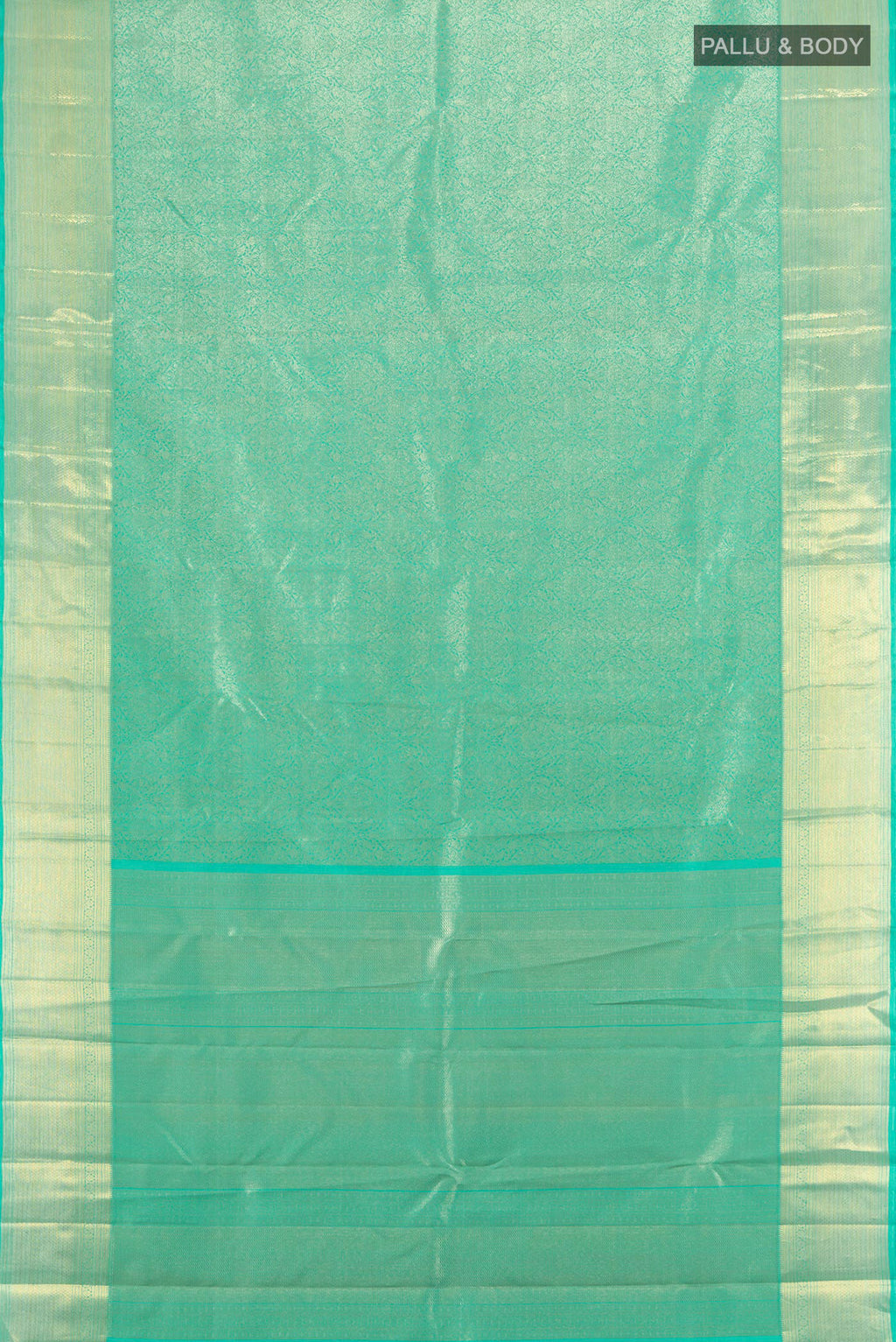 Flat view of Pure Silk Pure Zari Turquoise Kanjivaram Saree with Zari Brocade on the body and Zari Border. 