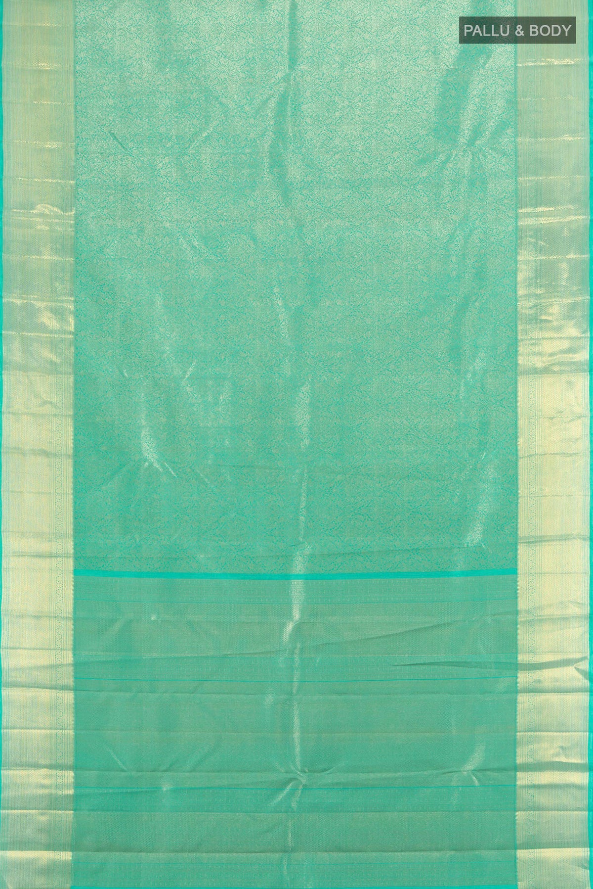 Flat view of Pure Silk Pure Zari Turquoise Kanjivaram Saree with Zari Brocade on the body and Zari Border. 