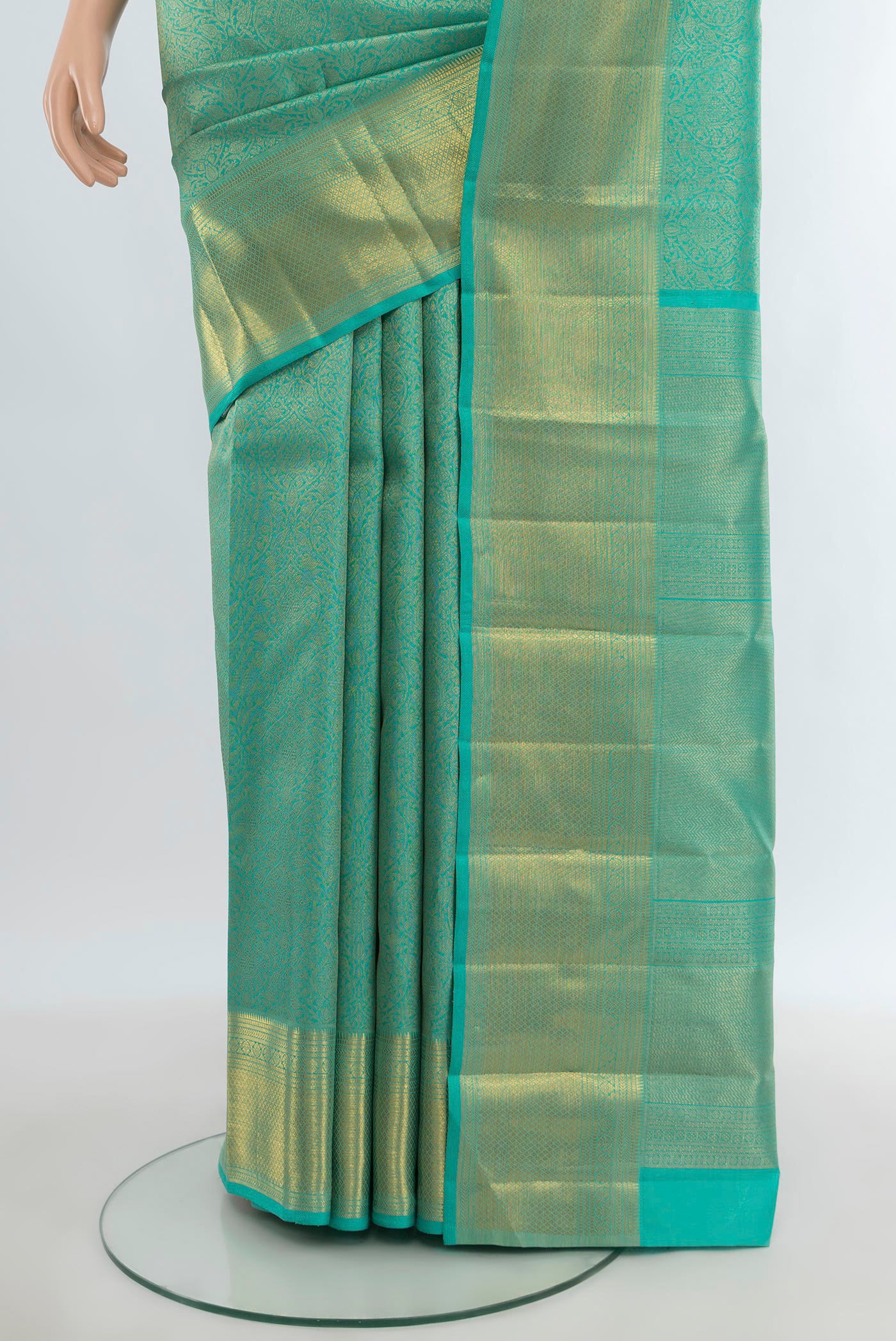 Pleats and pallu of Pure Silk Pure Zari Turquoise Kanjivaram Saree with Zari Brocade on the body and Zari Border. 