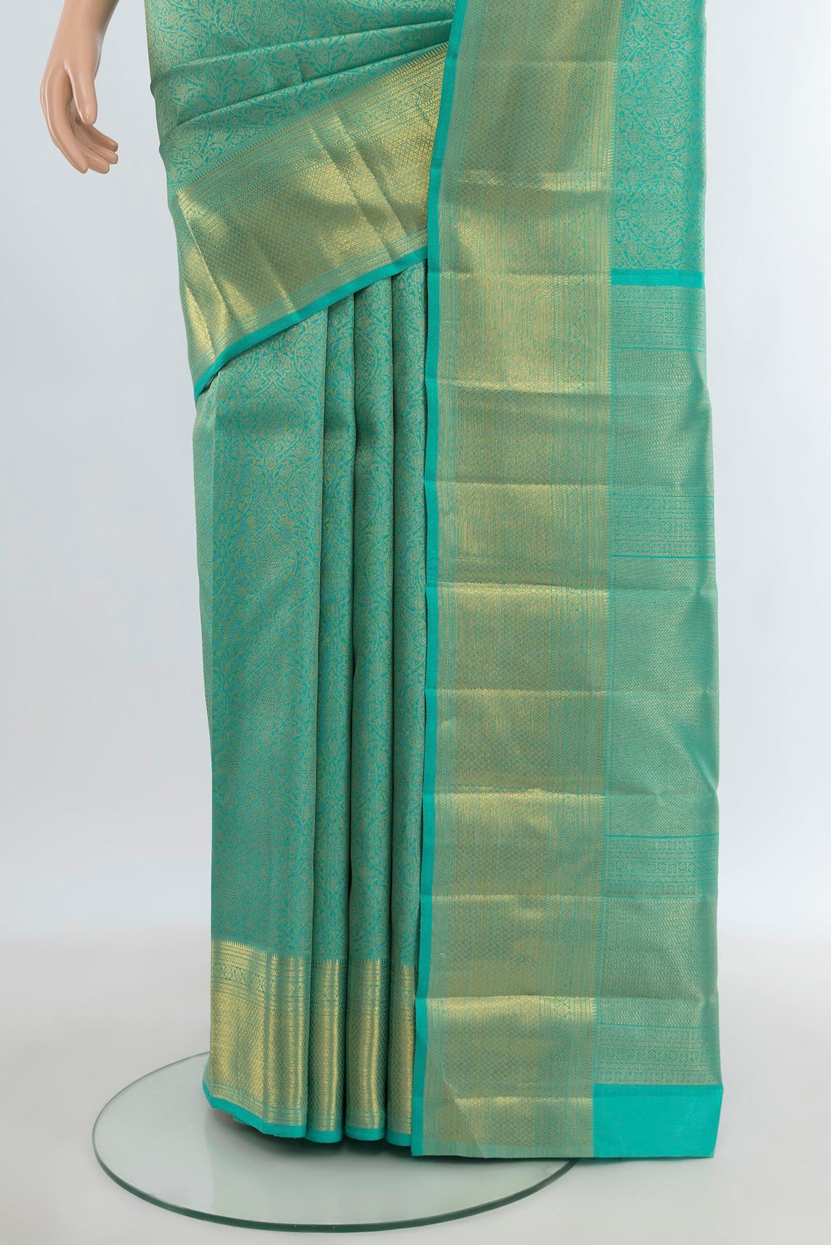 Pleats and pallu of Pure Silk Pure Zari Turquoise Kanjivaram Saree with Zari Brocade on the body and Zari Border. 