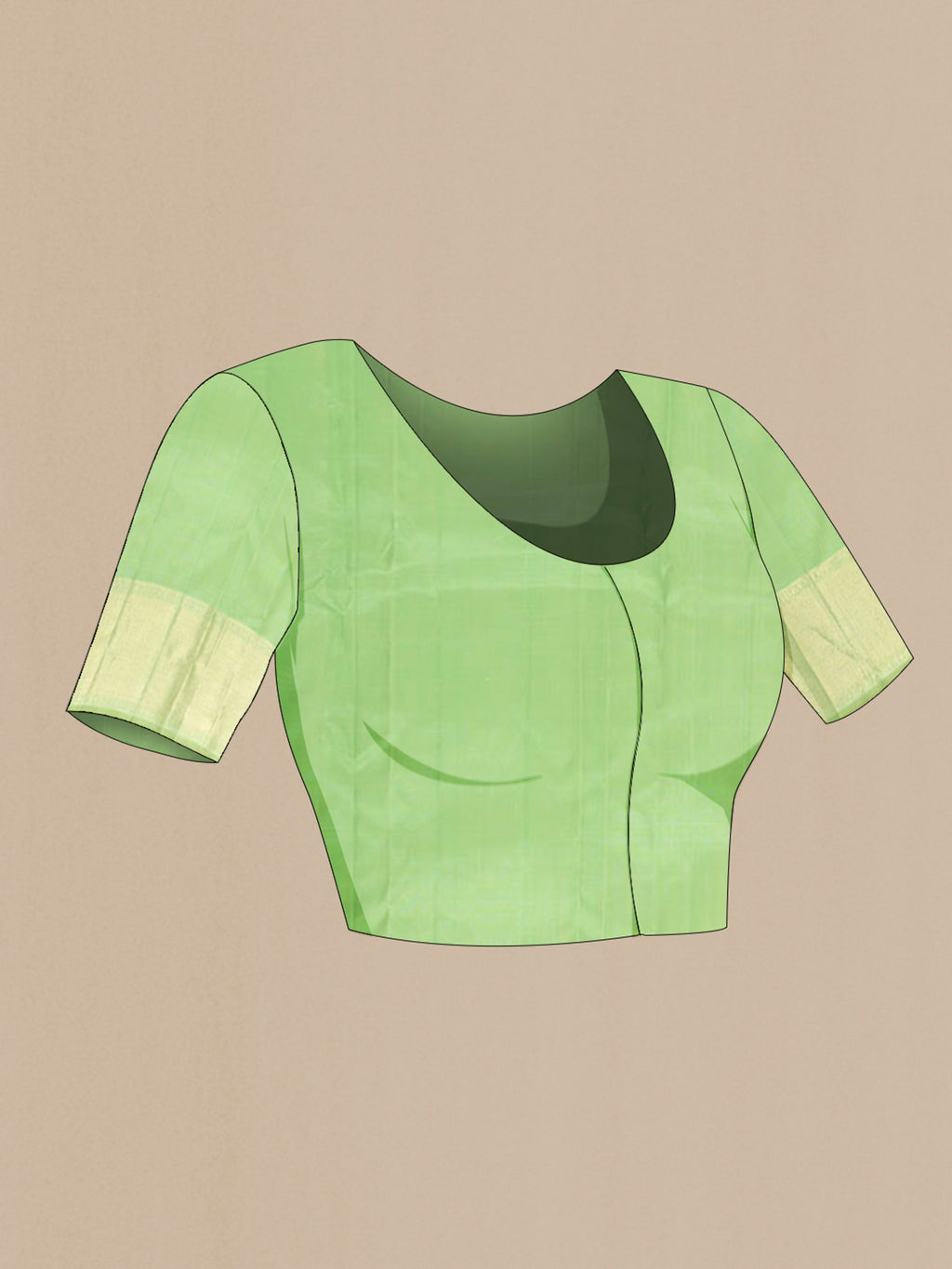 Close up image of the blouse of Pista Green Kanjivaram Silk Saree with Zari Brocade on the body and Zari Border. 