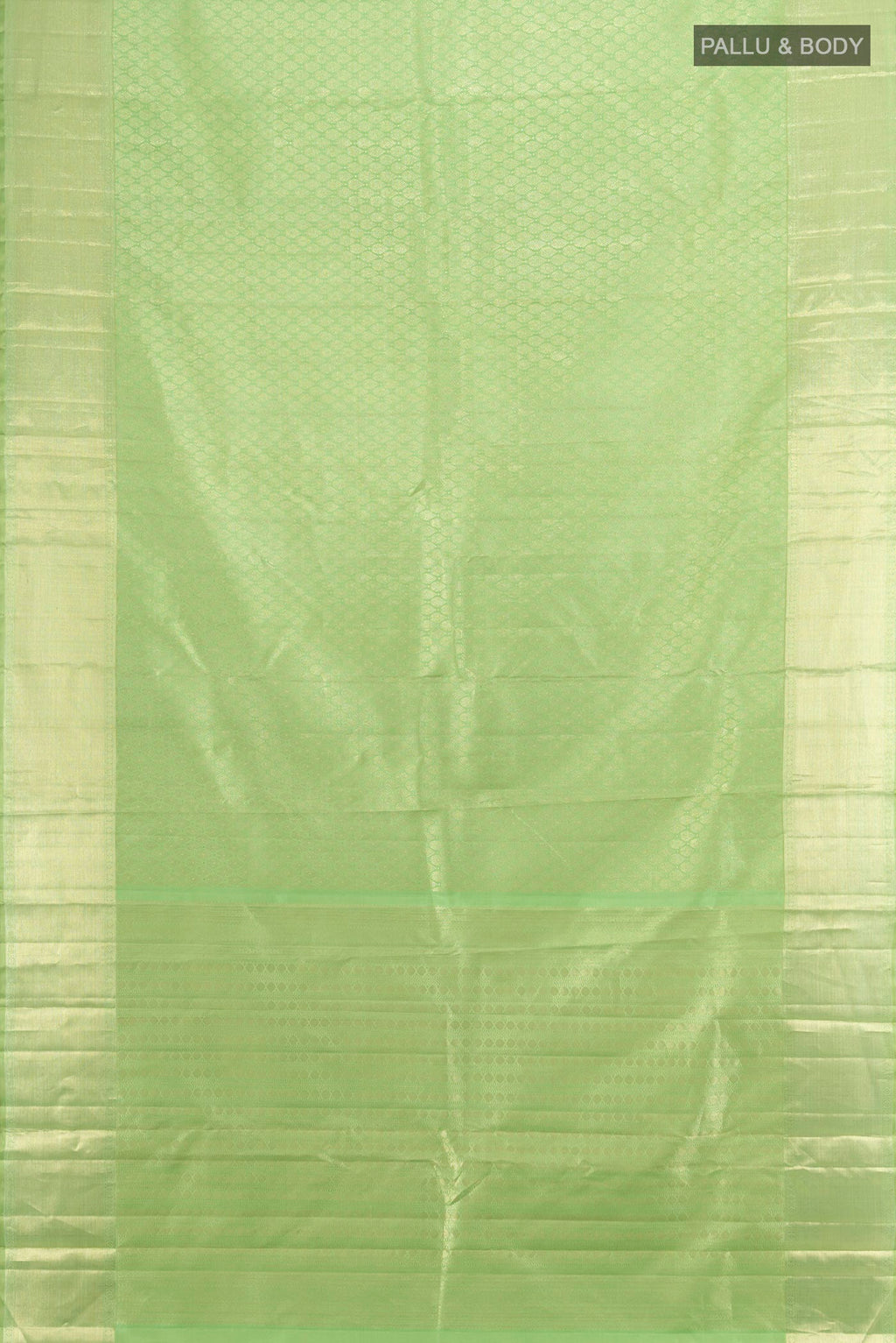 Flat view of Pista Green Kanjivaram Silk Saree with Zari Brocade on the body and Zari Border. 