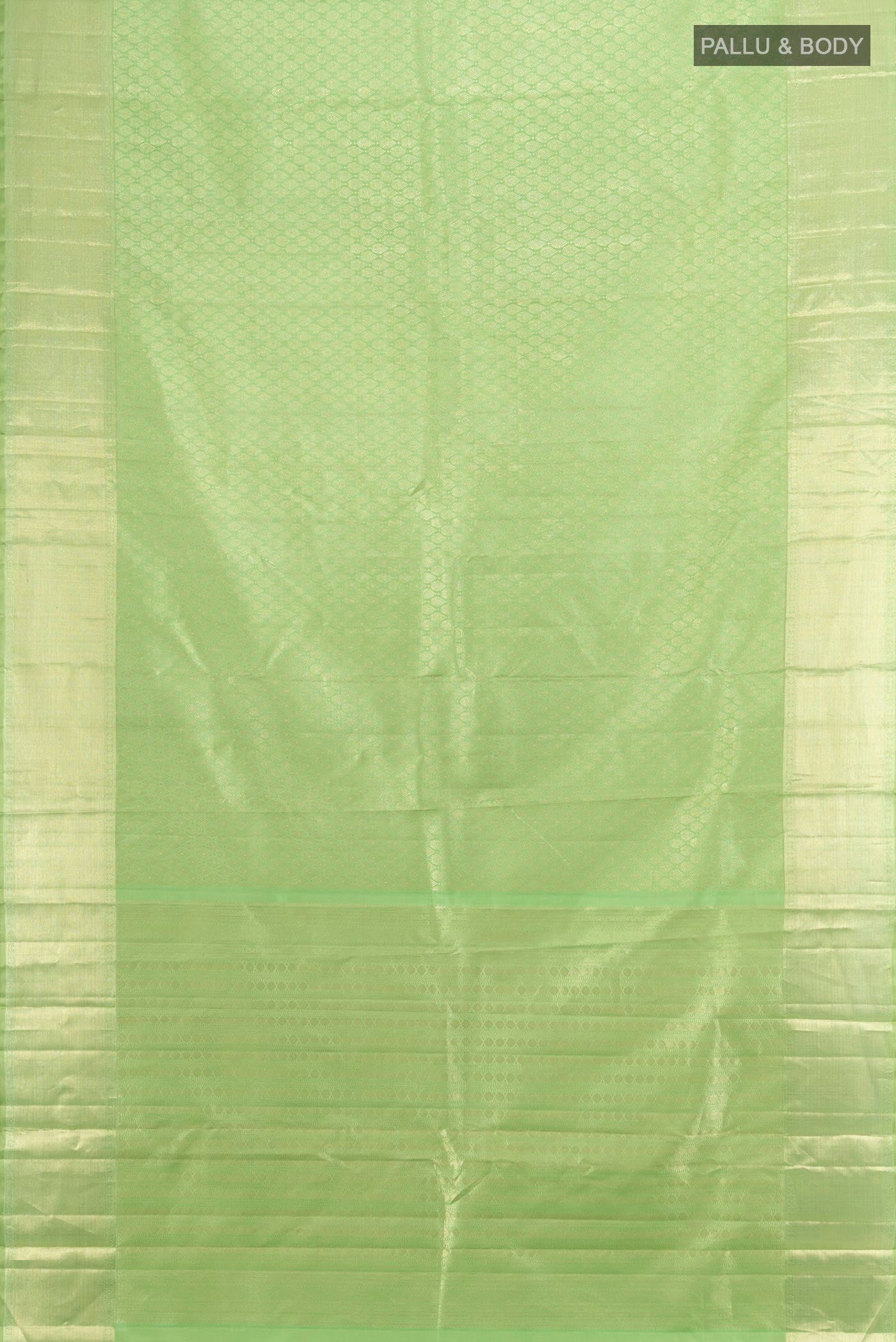 Flat view of Pista Green Kanjivaram Silk Saree with Zari Brocade on the body and Zari Border. 