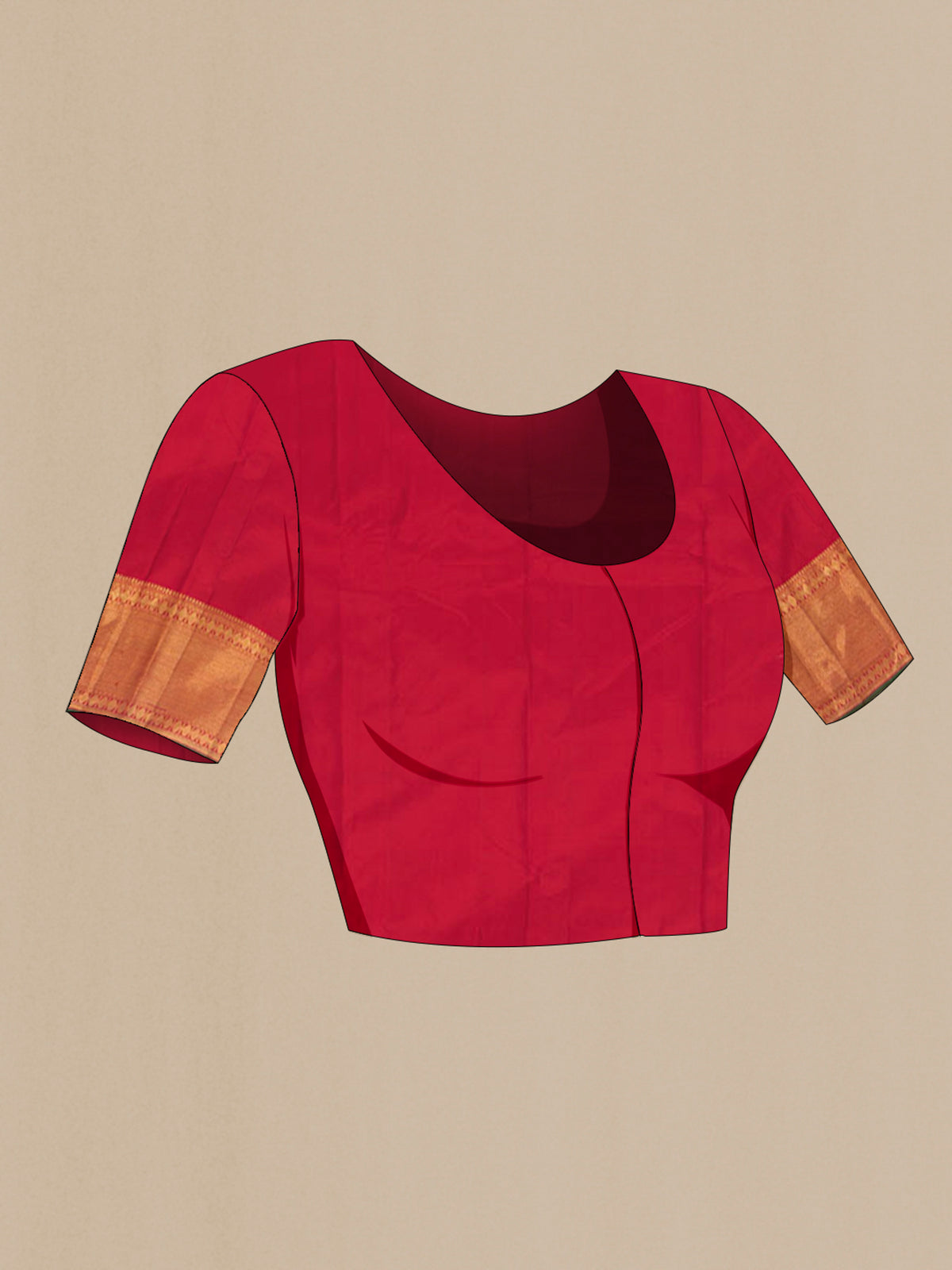 Close up image of the blouse of Maroon Kanchipuram Silk Saree with Zari Butta on the body and Zari Border. 