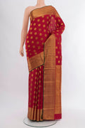 Maroon Kanchipuram Silk Saree with Zari Butta on the body and Zari Border.  displayed on a mannequin
