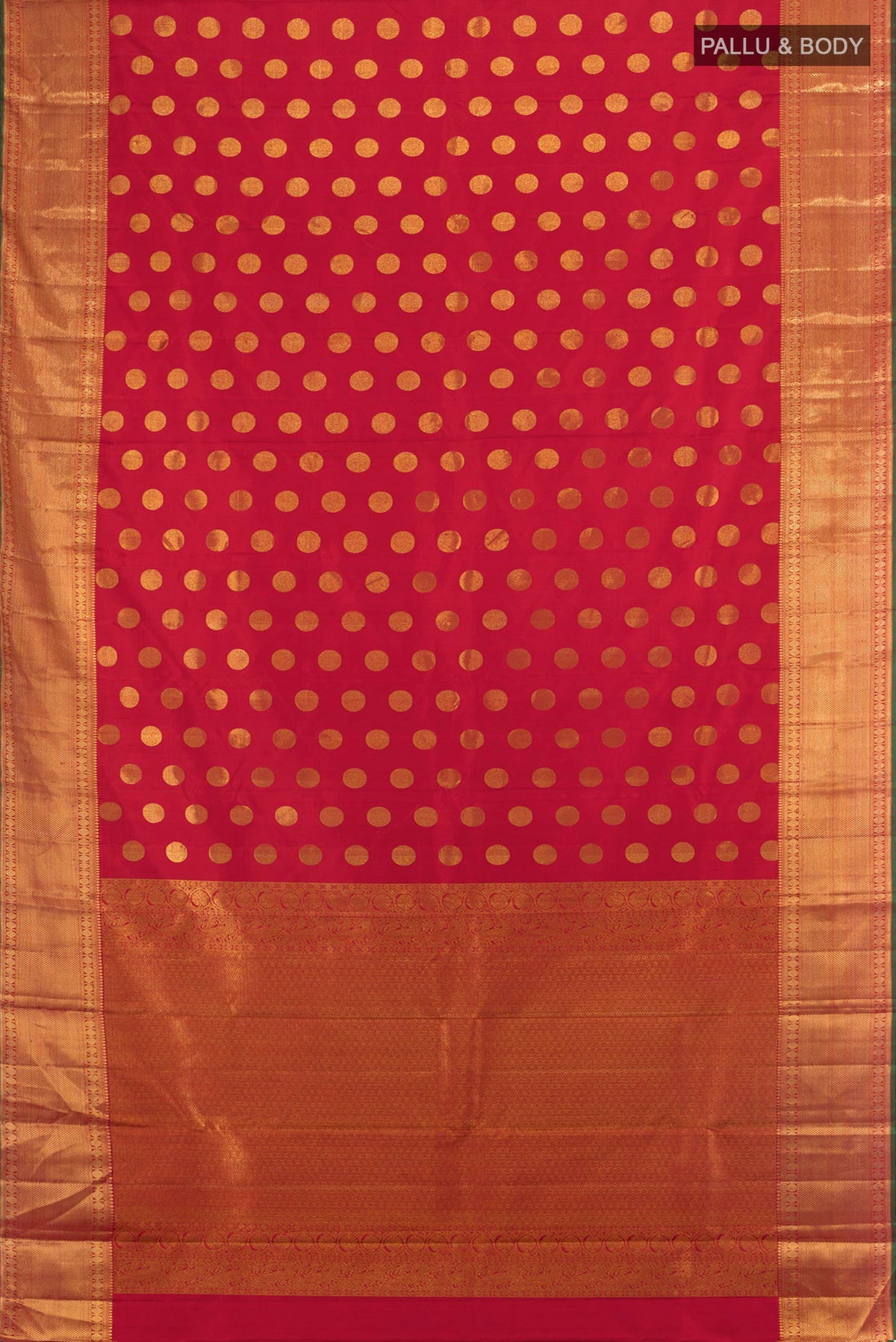 Flat view of Maroon Kanchipuram Silk Saree with Zari Butta on the body and Zari Border. 