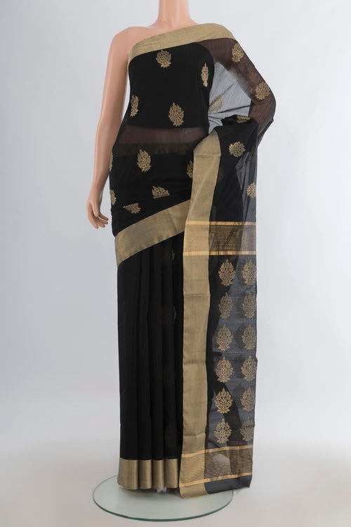 Black Chanderi Cotton Saree with Zari Butta on the body and Zari Border.  displayed on a mannequin