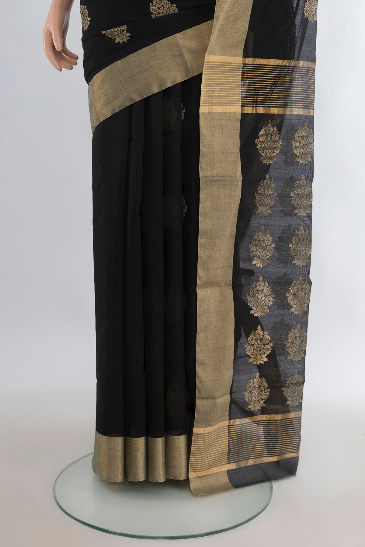 Pleats and pallu of Black Chanderi Cotton Saree with Zari Butta on the body and Zari Border. 