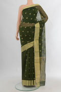 Green Chanderi Cotton Saree with Zari Butta on the body and Zari Border.  displayed on a mannequin