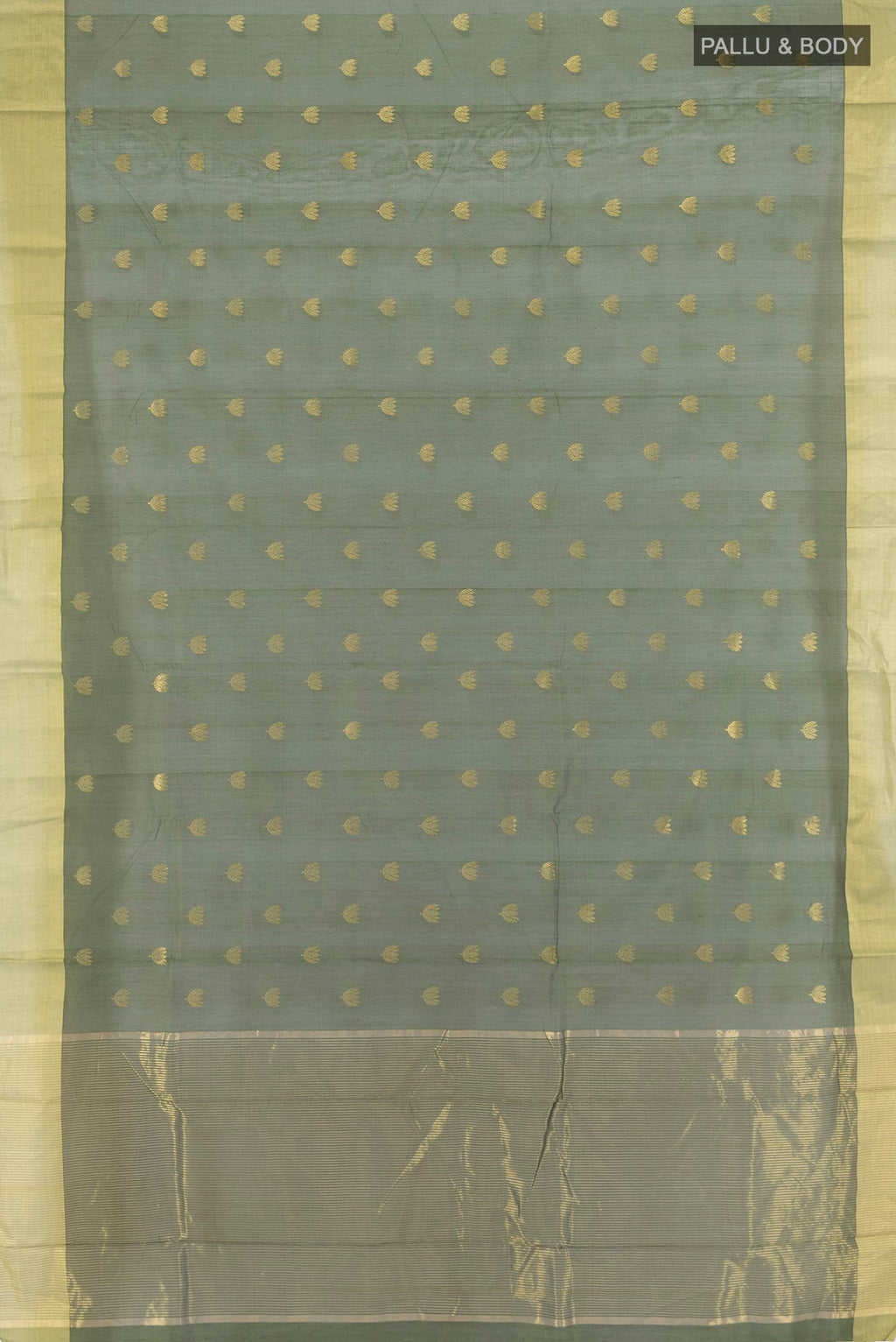Flat view of Green Chanderi Cotton Saree with Zari Butta on the body and Zari Border. 