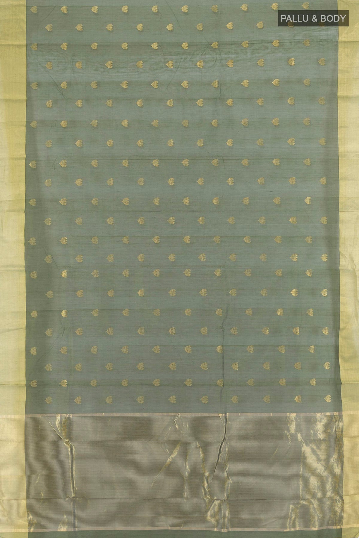 Flat view of Green Chanderi Cotton Saree with Zari Butta on the body and Zari Border. 