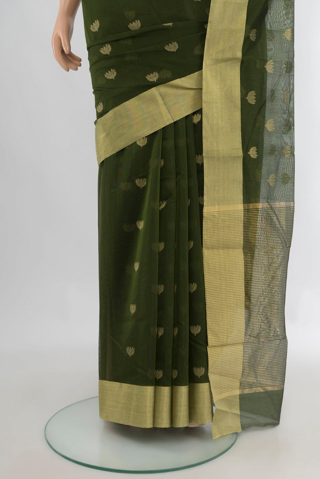 Pleats and pallu of Green Chanderi Cotton Saree with Zari Butta on the body and Zari Border. 