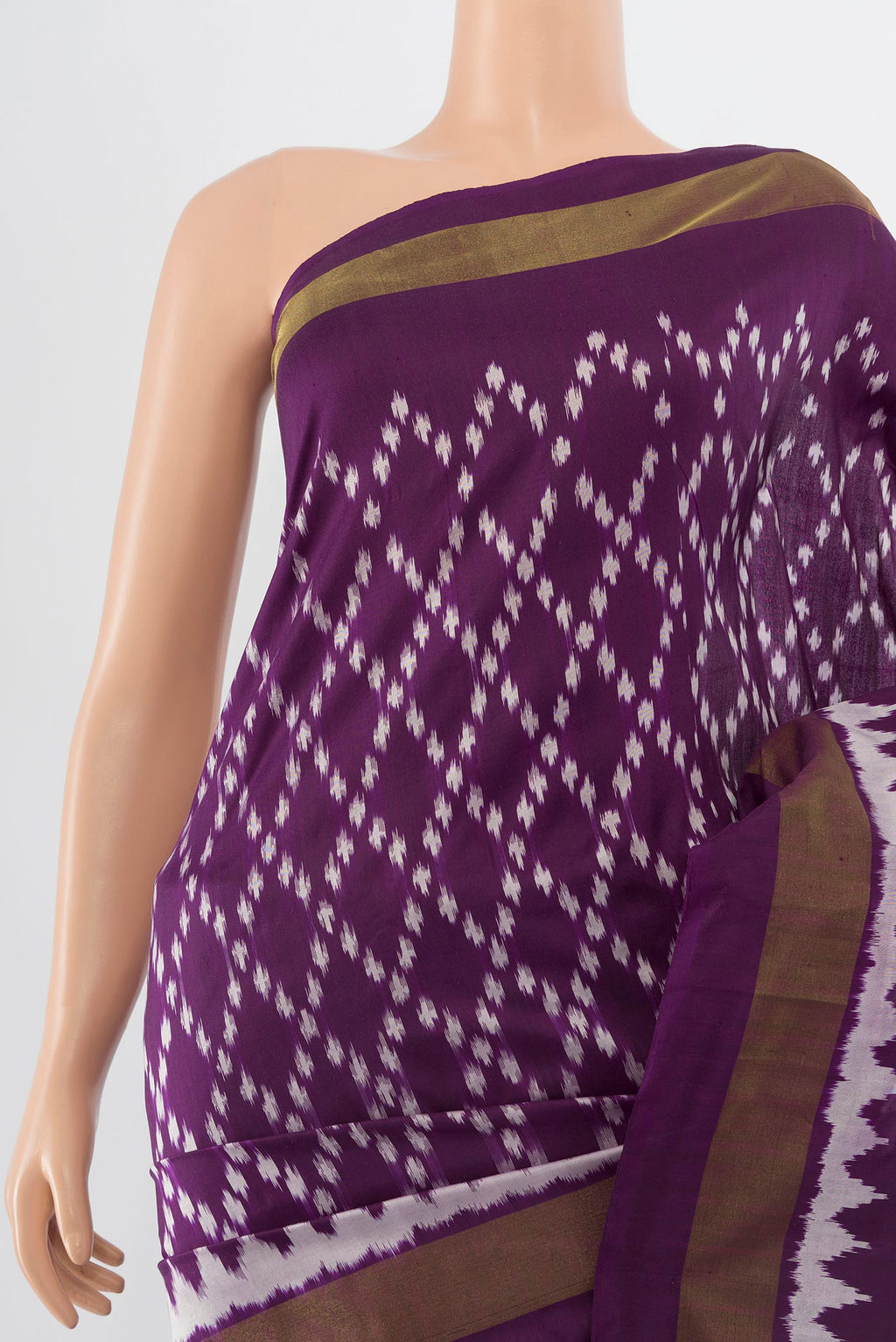 Border image of Violet Pochampally Saree with Ikat Print on the body and Silk Border. 